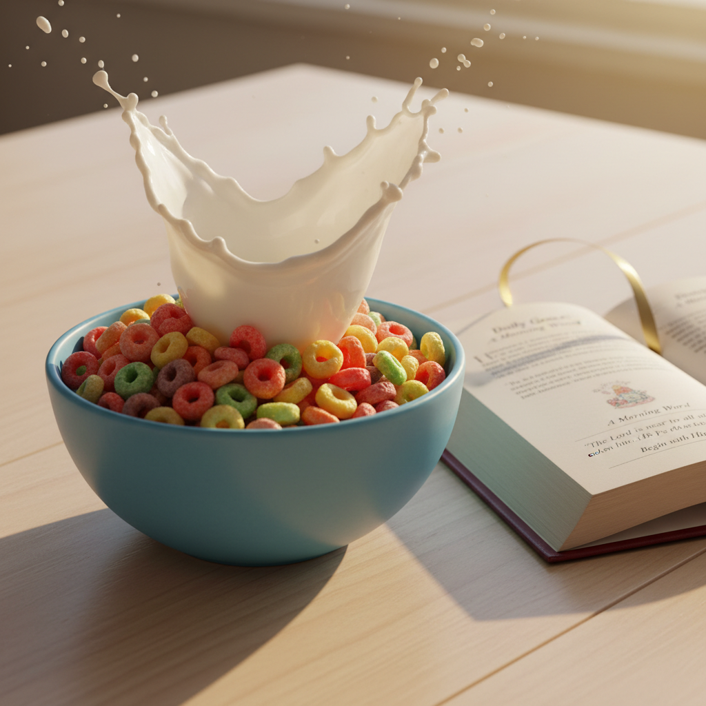 A vibrant kitchen table scene shows a rounded, sky-blue cereal bowl overflowing with colorful loops, a splash of milk frozen mid-air above it. Nearby, a small, glossy devotional book with a curved spine lies open, its thin ribbon bookmark arched playfully. The table surface is a pale, polished wood with soft grain, bathed in warm, golden-hour sunlight streaming through an unseen window. Highlights sparkle on the milk droplets and glossy pages, while shadows remain soft and rounded. Photographic realism with an energetic, whimsical composition, captured from a slightly low angle so the cereal and book dominate the frame. The mood is joyful, everyday sacredness, capturing the sense of talking with the Lord in the middle of ordinary breakfast routines.