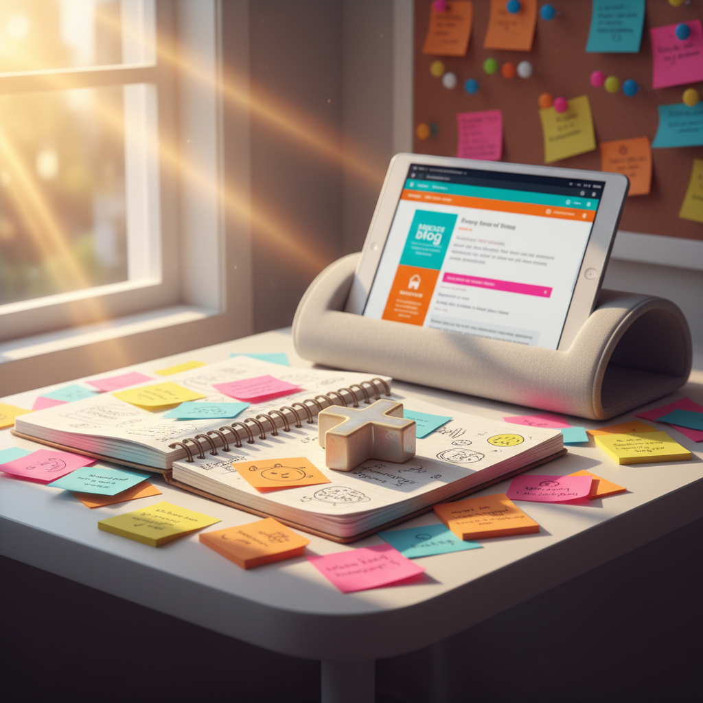 A cheerful, cluttered desk with rounded edges is covered in colorful sticky notes, a chunky pastel-blue notebook, and a small, glossy ceramic cross-shaped paperweight. A tablet leans against a soft, curved stand, displaying a blurred blog interface with bright accent colors. Sunlight pours in from a side window, casting energetic highlights across the desk and soft shadows that bend around each object. The composition uses a slightly elevated angle with photographic realism and vivid hues, emphasizing the playful messiness of daily life. The background shows a softly blurred corkboard dotted with rounded pins and vibrant notes. The atmosphere feels active, creative, and joyfully spiritual, perfect for a personal blog workspace.