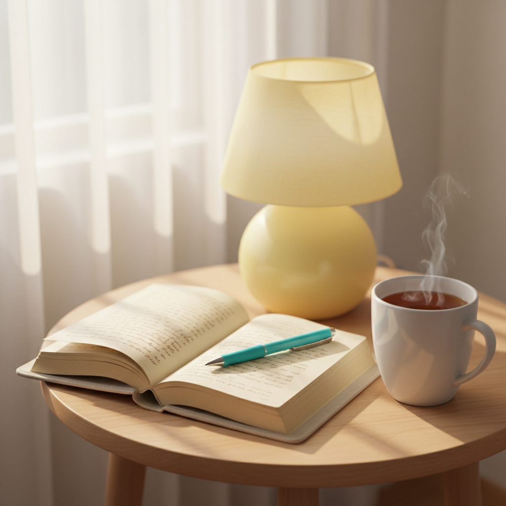 A small, round wooden bedside table holds an open, cloth-bound journal with softly curved pages and a bright turquoise pen resting diagonally across it. Beside the journal sits a glossy white ceramic mug filled with tea, its surface catching playful reflections of color. In the background, a plump, pastel-yellow lamp with a rounded shade glows warmly, slightly out of focus. Morning sunlight filters through sheer curtains, creating whimsical, dappled patterns on the table. Photographic realism with bright, saturated colors and gently rounded forms, shot at eye level with a shallow depth of field. The mood is cozy, playful, and inviting, suggesting a quiet moment of daily reflection and conversation with the divine.