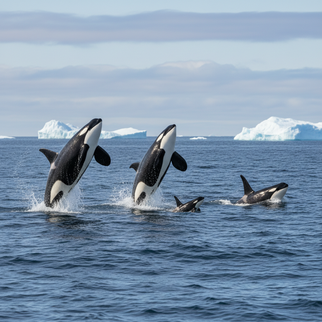 Arctic ocean with a pod of orcas playing. Realistic style, crisp cold water, minimal icebergs in the background, several orcas leaping and swimming together, natural lighting.